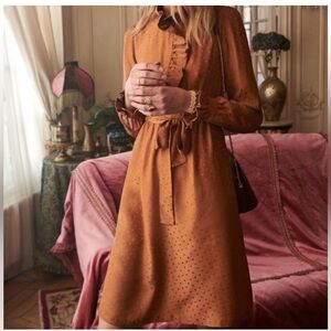 NWT Sezane Brown Chocolate Polka Dot Ruffle Blouse Dress FR38 US6 S M the 💯 SILK